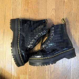 Black Croc-Embossed Lace-Up Boots